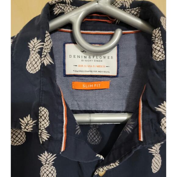 Denim & Flowers Men's Button Down Short Sleeve Shirt Black Pineapple Slim Fit S - Picture 4 of 8